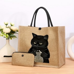 2個セットの麻製トートバッグ: 猫プリントトートバッグ、ミニコインパース付き軽量ショッピングバッグ、ビーチ、ロードトリップ、通学、日常使用に