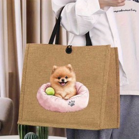 愛らしい小さな犬のデザインが施された広々としたヴィンテージトートバッグ - 耐久性のある麻布、固定式ショルダーストラップ、ライトブラウン - 本、カメラ、口紅、ペン、ノートパソコンに最適 - 友人や家族への理想的なギフト、大容量ハンドバッグ、カジュアルアクセサリー | 魅力的なハンドバッグ | 耐久性のある麻素材