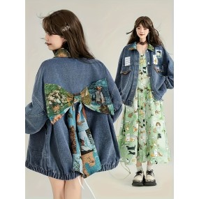 1ピース レディース ヴィンテージ 長袖 リボン デタール デニムジャケット、フレンチスタイル エレガント ルーズフィット ポリエステル ブレザー、春/秋 カジュアル レタープリント ジャケット プラスサイズ 女性用
