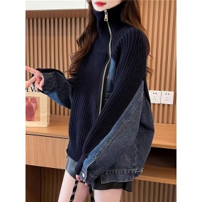 女性用シックなデニムパッチワークカーディガン、タートルネックジッパー付き - 長袖、リブディテール、カジュアル秋のファッションジャケット、秋のレイヤリングピース|ジッパーフロントジャケット|テクスチャードファブリックジャケット