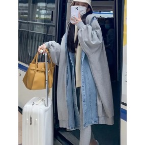 レディース 軽量デニムフーデッドジャケット - カラーブロック＆スパンコールディテール、カジュアルワークウェア ルーズフィット ミドル丈ウィンドブレーカー、洗濯機可 春/秋用通勤・旅行・アウトドアアウター