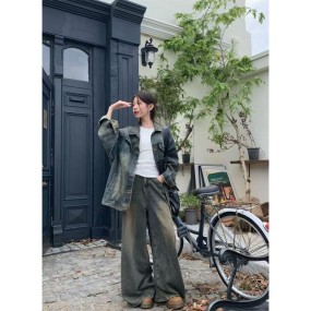 レディース レトロウォッシュデニムジャケット 新作デザイン - BFスタイルネック、ゆったりフィット 長袖非対称ディテール付き 春/秋カジュアルアウター