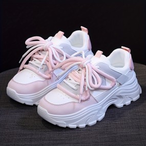 レディース ホワイト＆ピンク コントラスト 厚底プラットフォーム スニーカー、レースアップクロージャー付き 通気性合成カバー＆ファブリックアッパー、クッション性TPUソール オールシーズン カジュアル アウトドアウォーキングシューズ