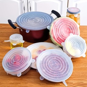柔軟なシリコン製皿蓋6個セット - 密閉式食品保存カバー、再利用可能で電子レンジ＆食器洗い機対応、ボウル・ジャー・コンテナ用の6サイズ、冷凍庫対応、食品グレードキッチン整理アクセサリー