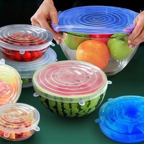 6個セット 再利用可能なシリコンストレッチ蓋 - 耐久性に優れた食品安全カバー、ボウル＆皿用、食洗機＆冷蔵庫対応、キッチン必需品